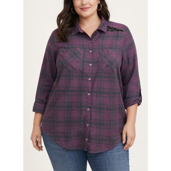 torrid Tops - Torrid Purple Black Plaid Button Front Shirt Lattice Shoulder Top Plus Size 1 1X